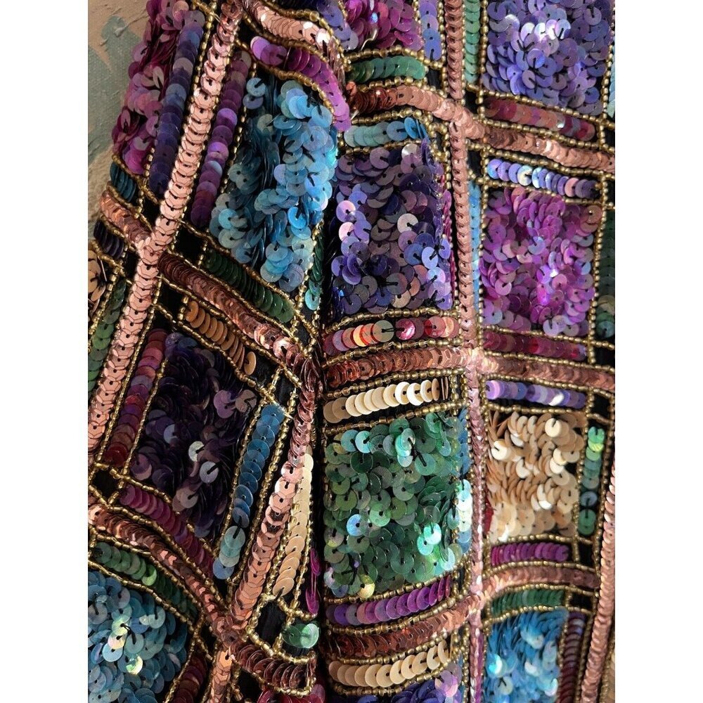 LAWRENCE KAGER SILK Rainbow Sequins 1980s Evening Jacket PL - Picture 13 of 13